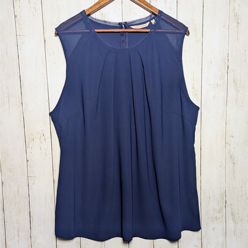 Soft Surroundings Navy Blue Sleeveless Blouse 2X Lined Semi Sheer Flowy Work Top